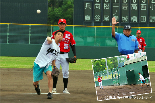 始球式には高校野球大好き芸人の かみじょうたけしさんが来場 東大阪バーチャルシティ